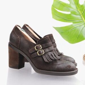 Born Shoes Womens Loafer Pumps Size 8.5 Brown Leather Kiltie Buckles Block Heel